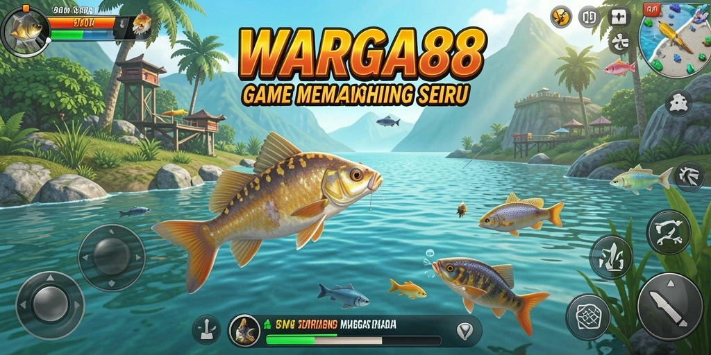 Screenshot gameplay WARGA88 menampilkan momen menangkap ikan yang penuh semangat.